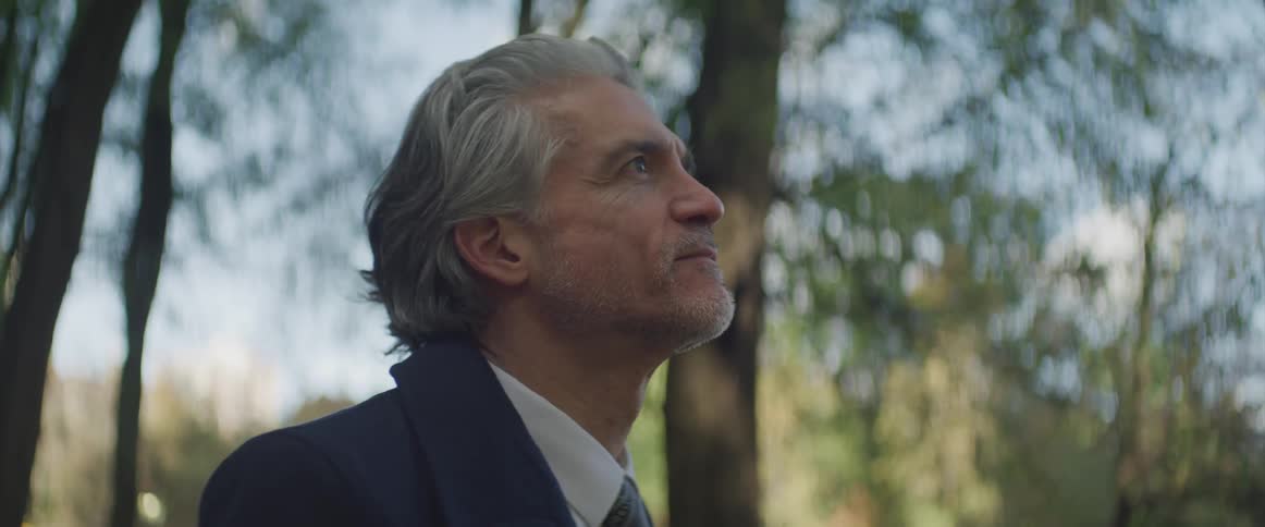 A silver haired business man stands in profile looking up at the trees in a city park