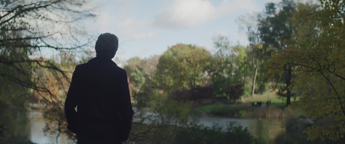 Businessman stands and watches the lake in the public park