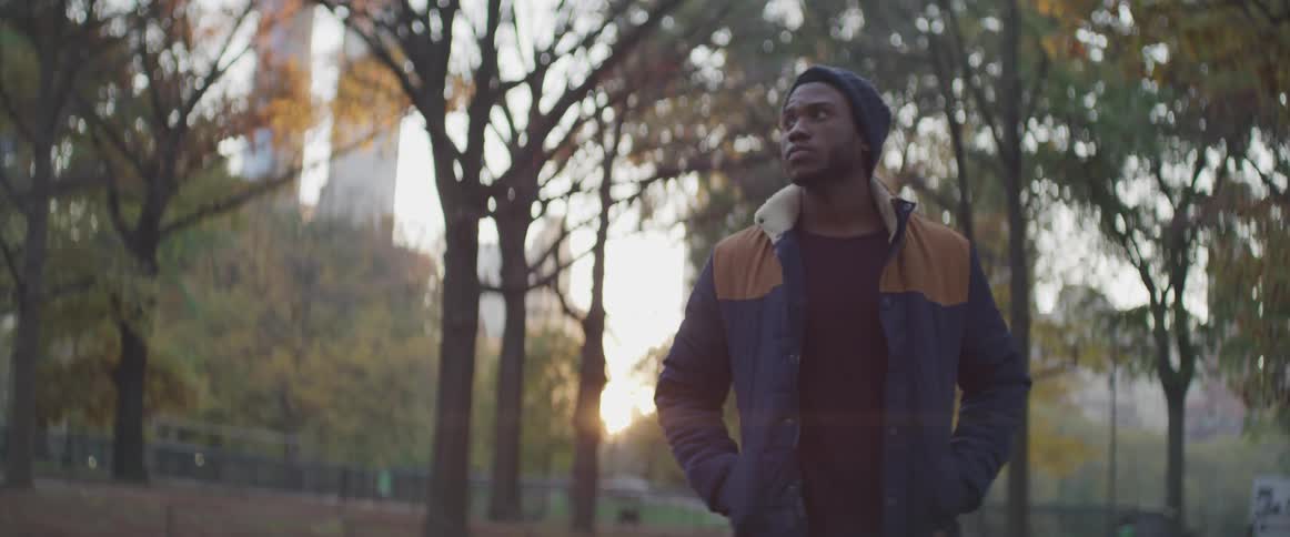 A man stands still looking into the distance of a public park