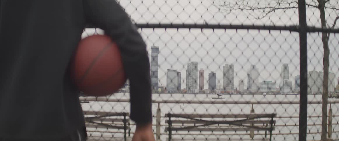 A person stands by a park fence holding a basketball with a city and lake in the background