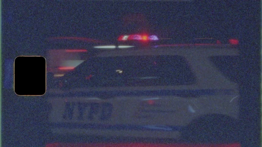 A police car racing down a street with lights flashing