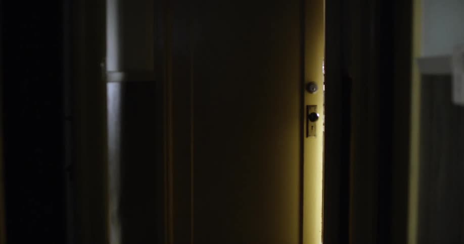 A dark hallway leads to a partially open door