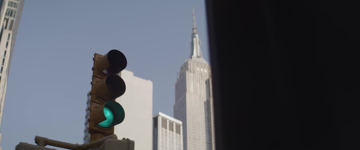 A traffic light with buildings and skyscrapers in the background