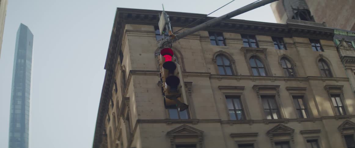 A street light in front of a building