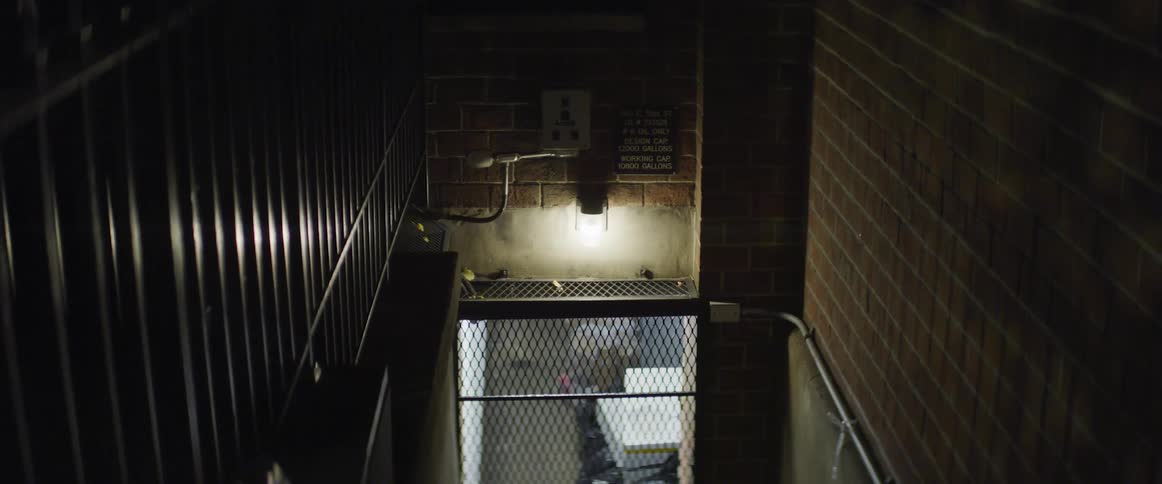Light shines down on chain link secured doorway near rail