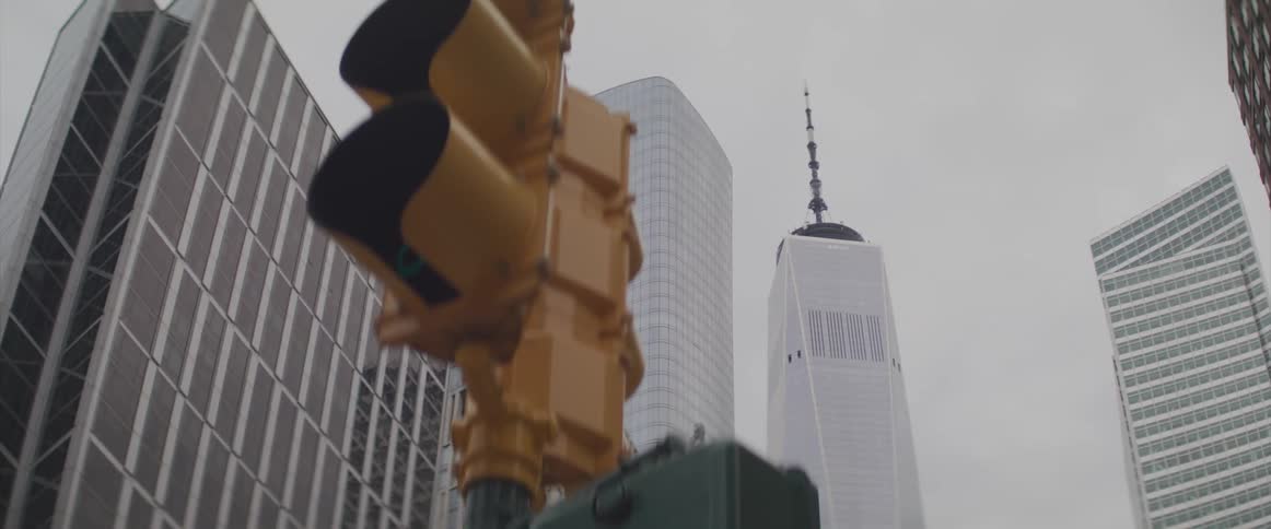 A streetlight in front of skyscrapers in a downtown area