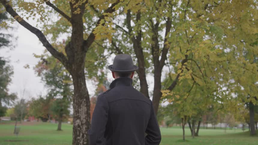 Back turned man stands in the public park