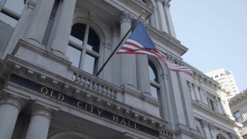A flag on a a city hall building