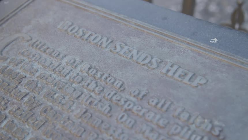 Close up of a stone plaque in a public area of boston