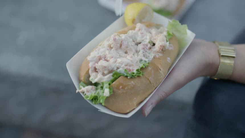Close up of a person holding a chicken salad sandwich on a hoagie roll