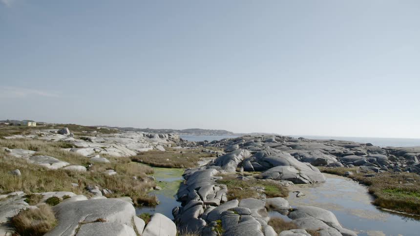 Large rocks and grass line the coast