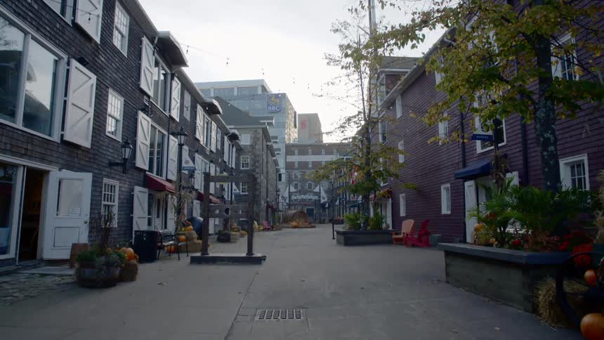 Pumpkins and hay decorate exterior of low rise buildings lining narrow street