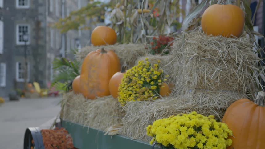 A wagon decorated with pumpkins and flowers sits outside a large home