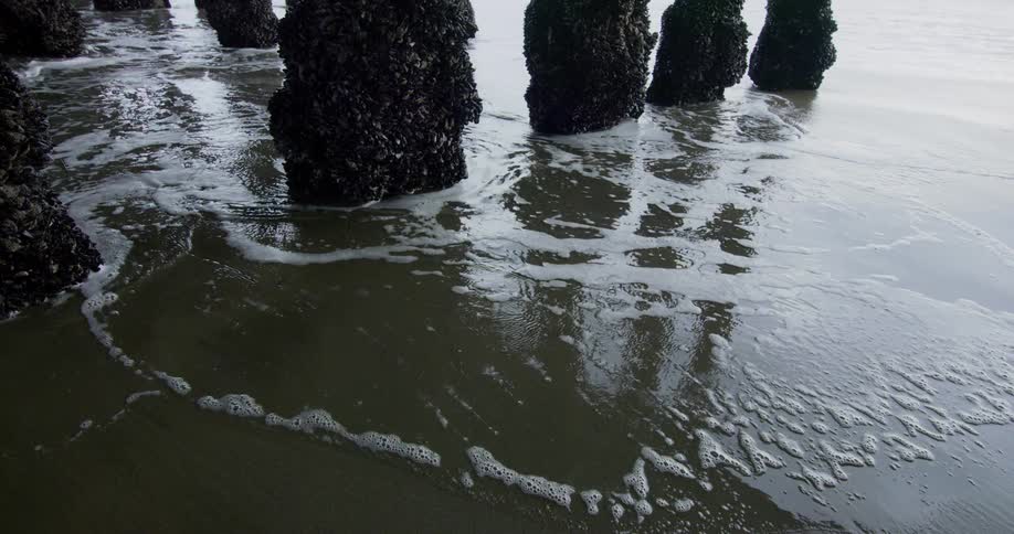 Water washing onto a beach around a row of black stones