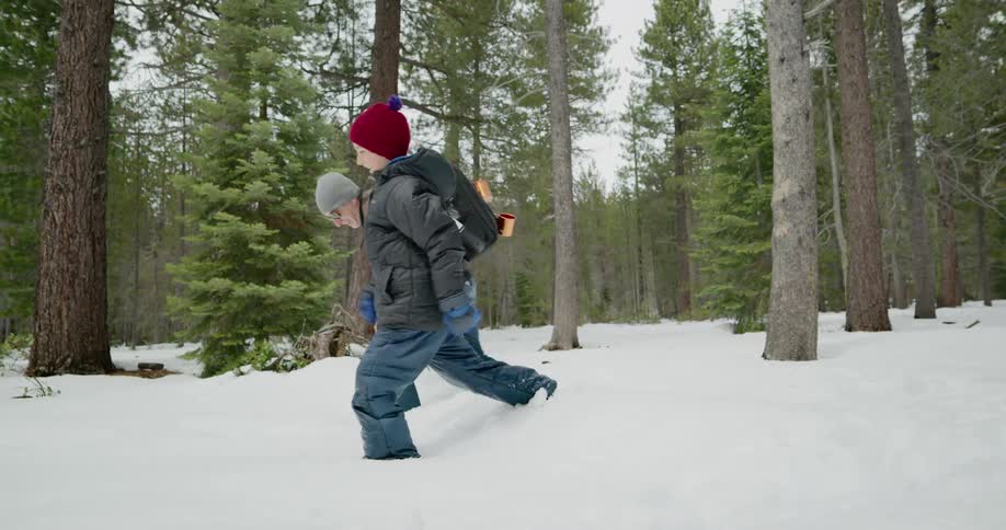 Two children wearing coats and toques walk in the snow in the forest