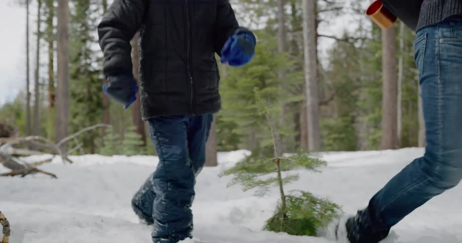 Father and son walking through the snow in the forest