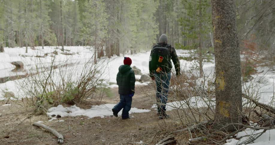 A man and child walk together throw a light snowy woodland area