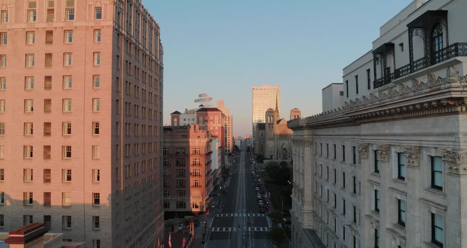 Aerial view of the city streets at dawn