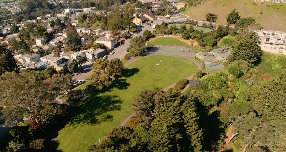 Trees surround the park near the buildings