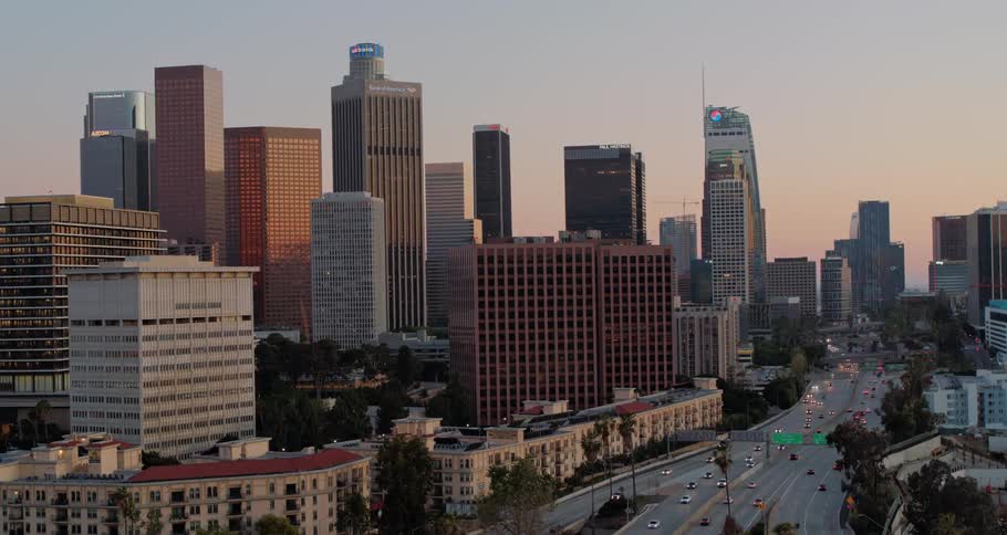 Traffic drives near the buildings