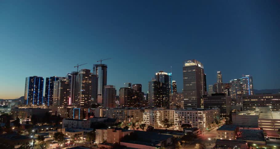 A city skyline with buildings and roads