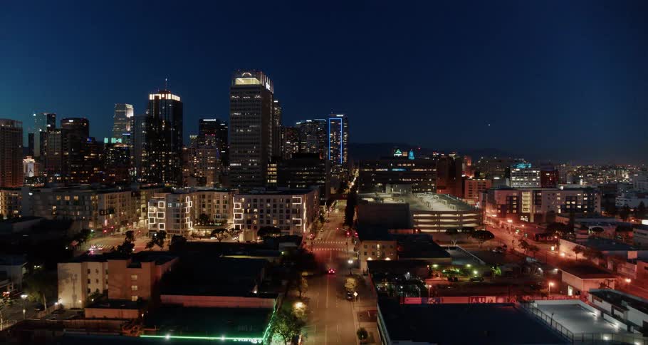 Aerial view of the illuminated high rise buildings at night