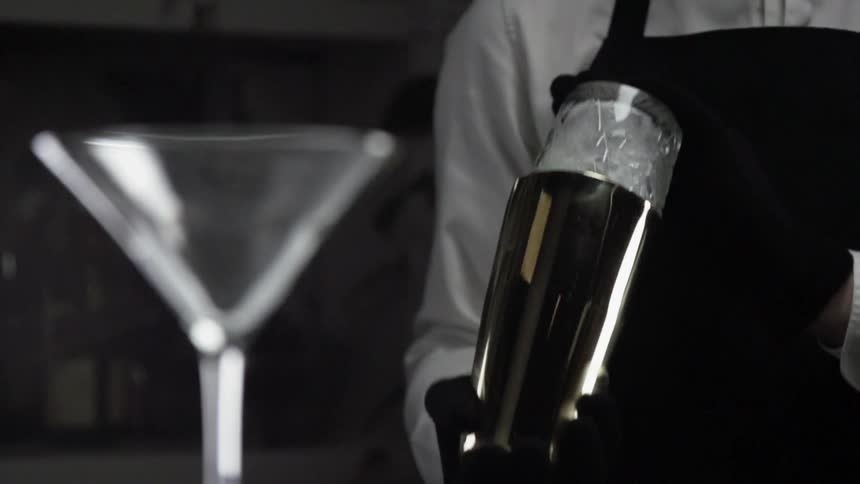 A bartender prepares a martini by shaking it in a metal shaker