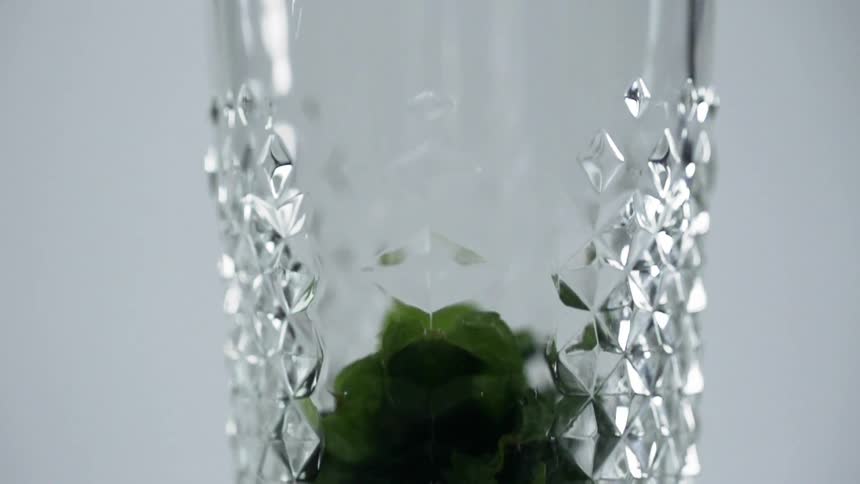 Mint leaves fall into the empty glass