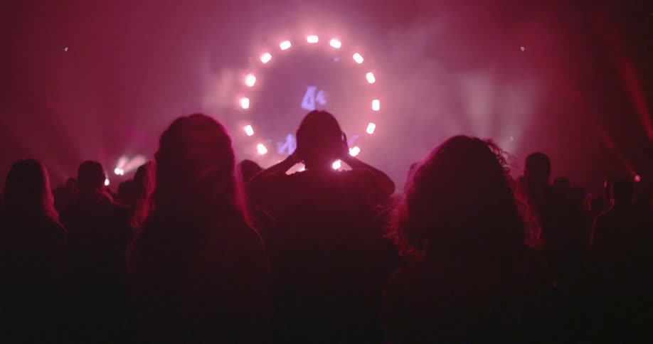 Two people are standing on stage performing as a crowd watches