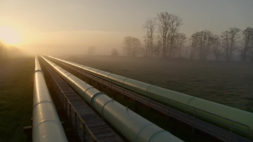 Dynamic pullback over sun kissed large diameter pipeline infrastructure on a foggy morning