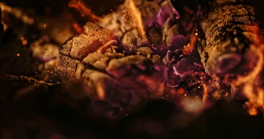 A fire is burning wood logs outdoors