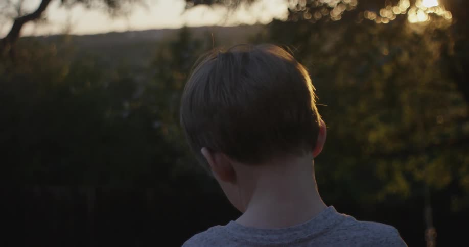 A boy is staring forward into a forest as the sun sets
