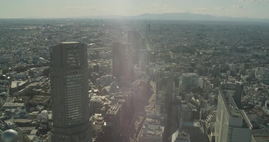 The sun shines down on a dense urban downtown area