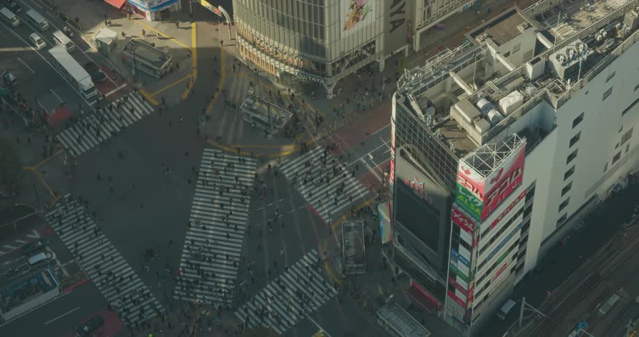 Cars and trucks stopped at a large city intersection as crowds of people cross the street using crosswalks