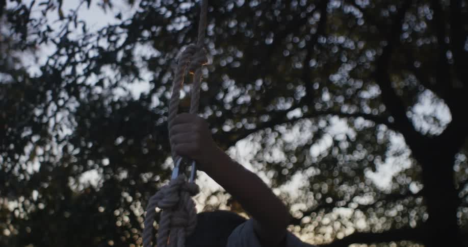 A boy stands on a rope swing at sunset