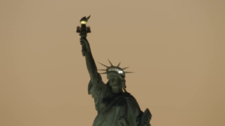 A bird flies past the statue of liberty