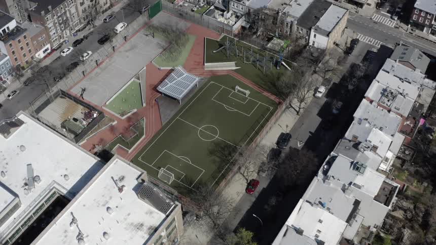 Aerial view of the astroturf pitch in the city