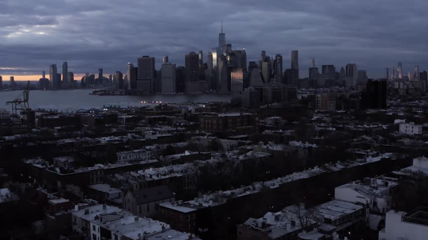 City Neighborhood, Skyline and River During Early Morning