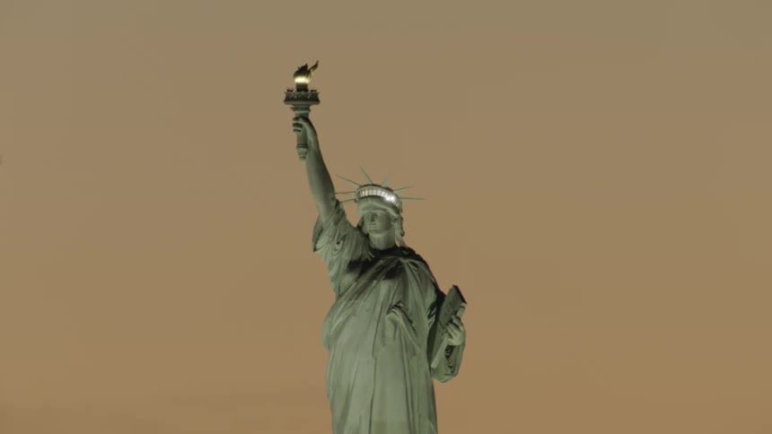 A bird flies over the statue of liberty