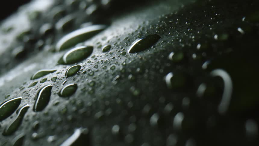 Close up view of water droplets on a green leaf