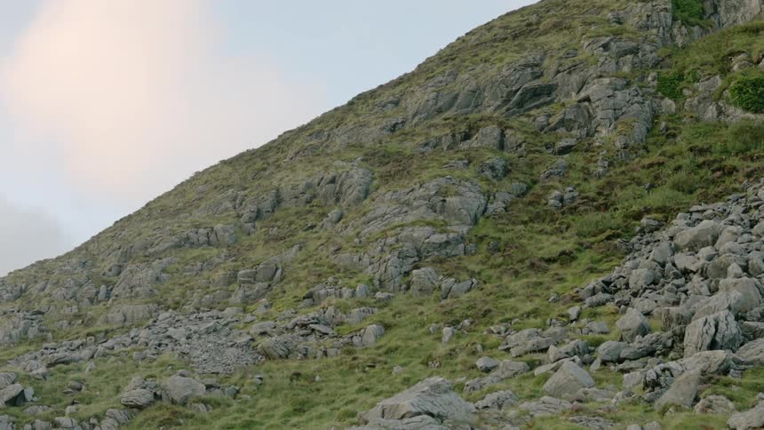 The mountain is high and covered with green
