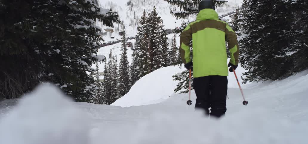 A skier in a yellow and brown ski jacket skis past trees heading for the slope