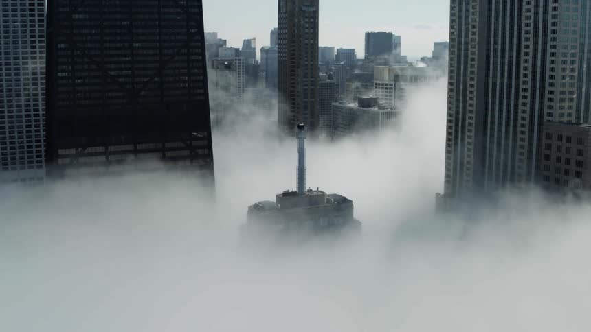 Skyscrapers in downtown Chicago shrouded in fog