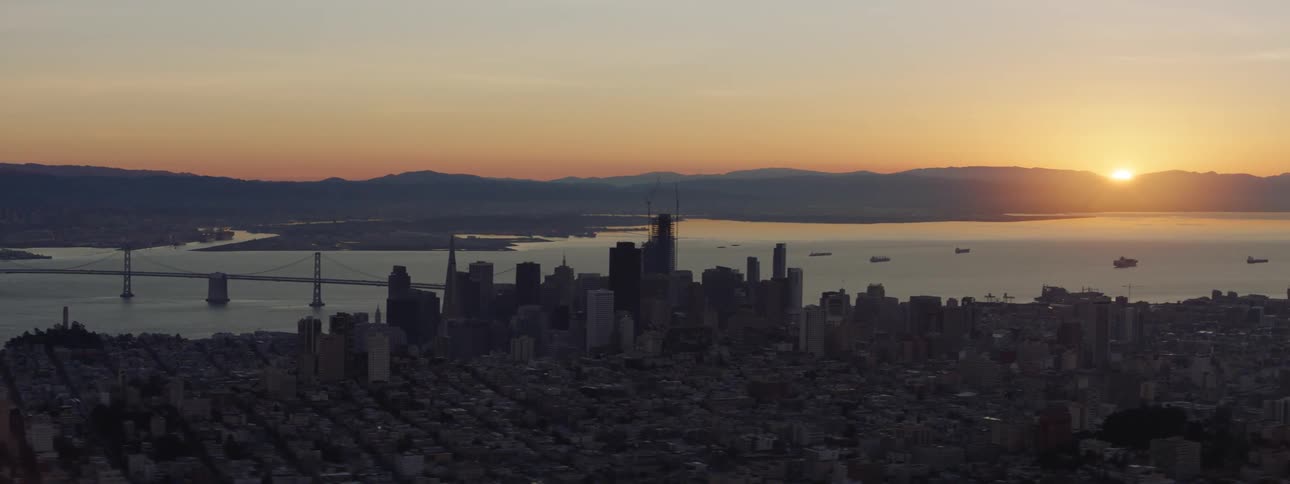 A city skyline at sunset