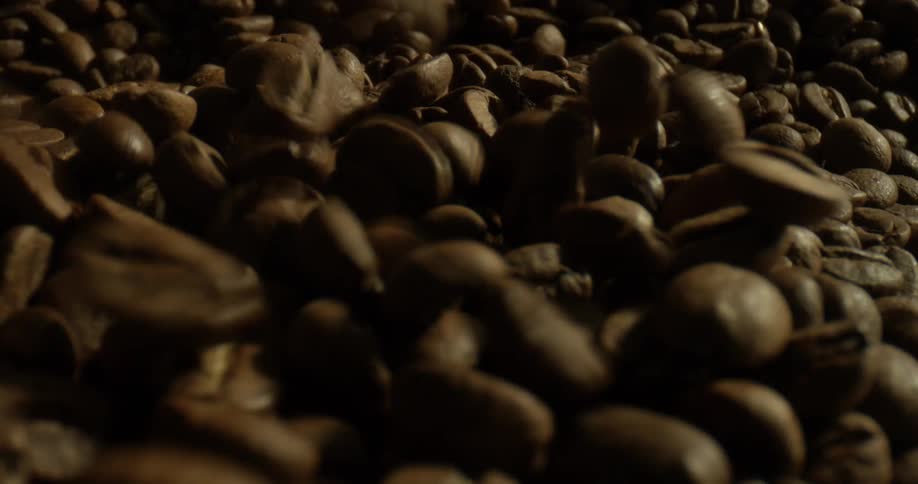 Coffee beans are poured into a receptacle already containing hundreds of coffee beans