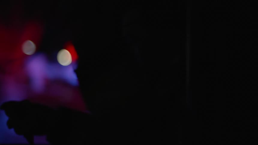 Firefighter partially obscured by shadows rides in vehicle putting on headset