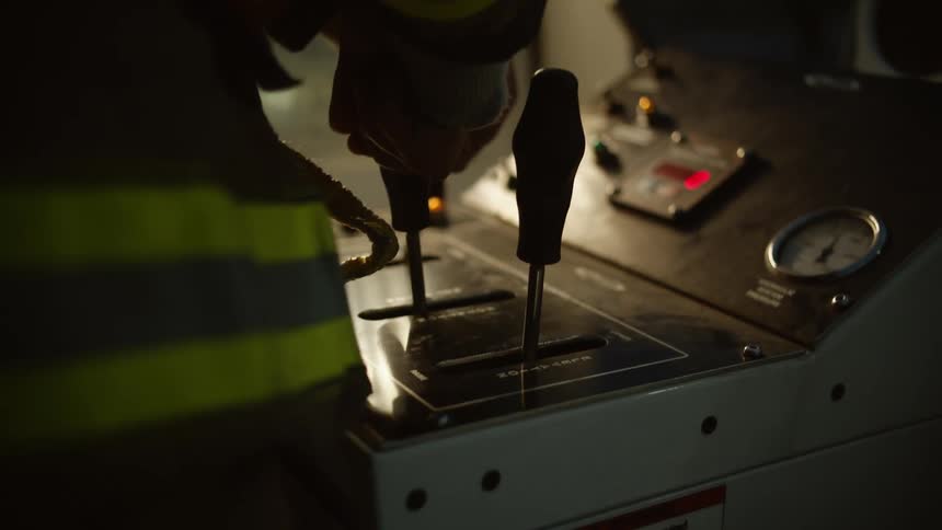 A firefighter holds on to a lever