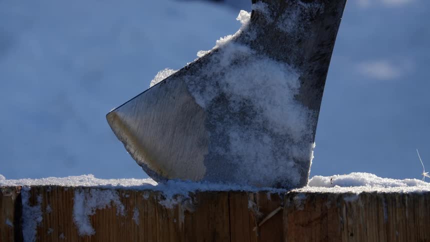 Ax stuck in a log of wood in the snowy field