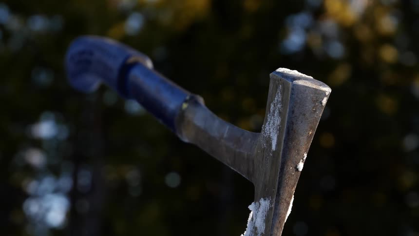 An ax stuck in a wood pile with ice and snow on it on a sunny day