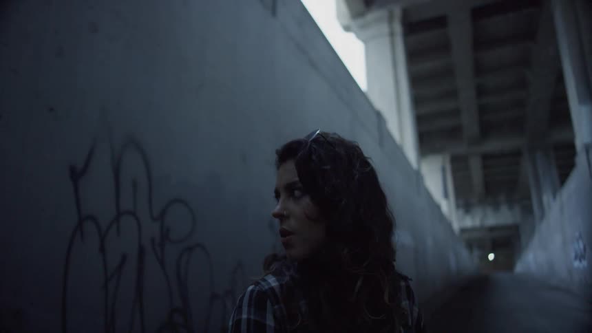 Woman stands in an alley and looks over her shoulder at some graffiti on the wall